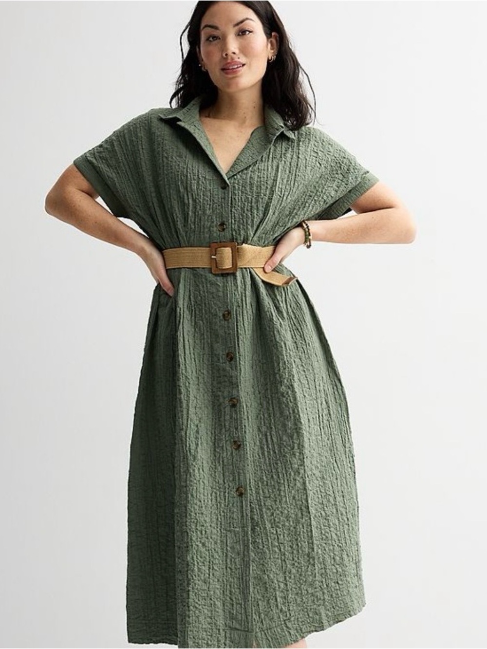 Sonoma 99% Cotton Olive Green Midi A-Line Shirt Dress with Removable Belt. NWT